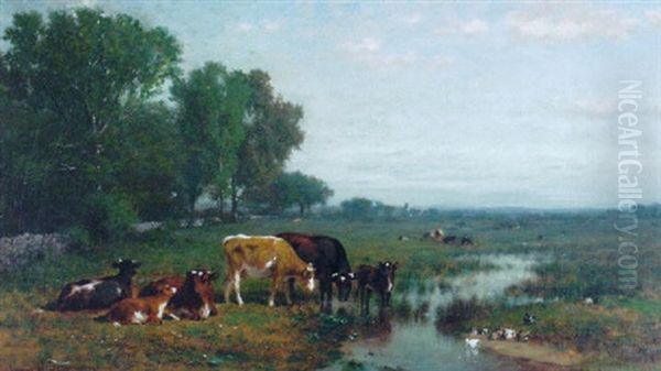 Cattle & Ducks In A River Landscape Oil Painting by James McDougal Hart