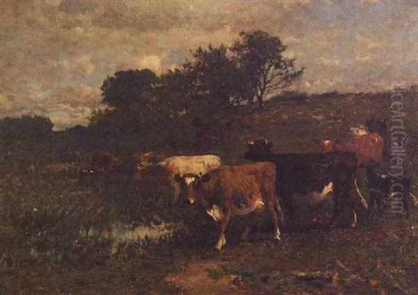 Cows Grazing In A Country Landscape Oil Painting by James McDougal Hart