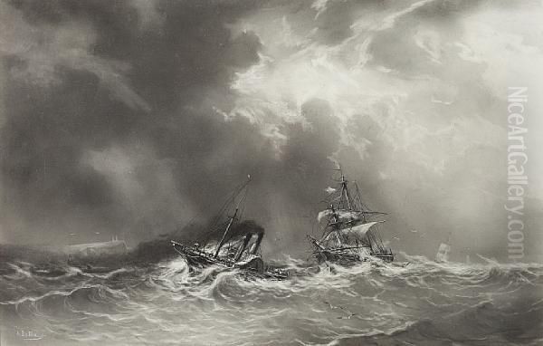 A Paddle Steamer Towing A Ship On Stormy Seas Oil Painting by Auguste Ballin