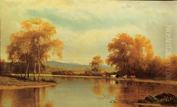 Cattle By A Stream In A Fall Landscape Oil Painting by James McDougal Hart