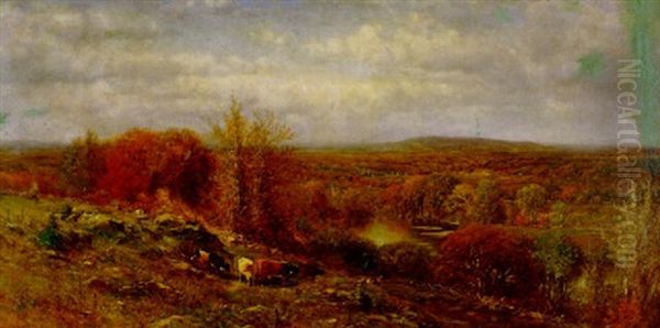 Cows Grazing In An Autumn Landscape Oil Painting by James McDougal Hart