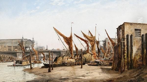 Low Tide Between Blackfriars And Southwarkbridges Oil Painting by Auguste Ballin