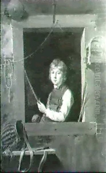 Portrait Of A Young Boy, Half Length, At A Window, Holding  A Net, A Great Tit In A Cage To The Right Oil Painting by James Turpin Hart