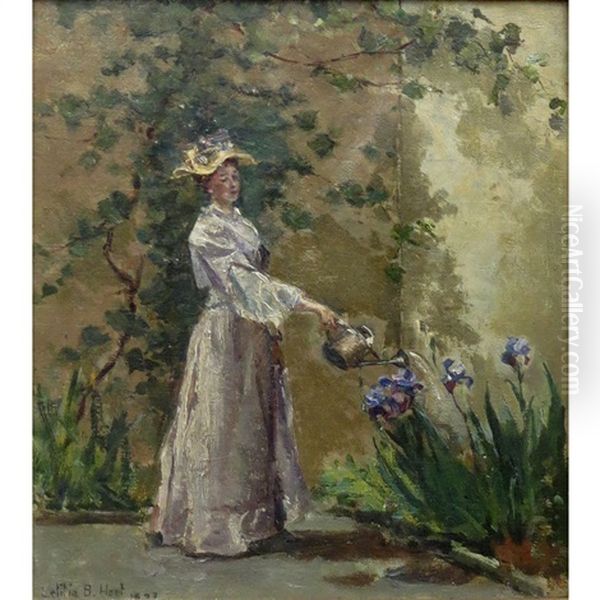 Watering The Irises; Woman At The Mirror (2 Works) Oil Painting by Letitia Bonnet Hart