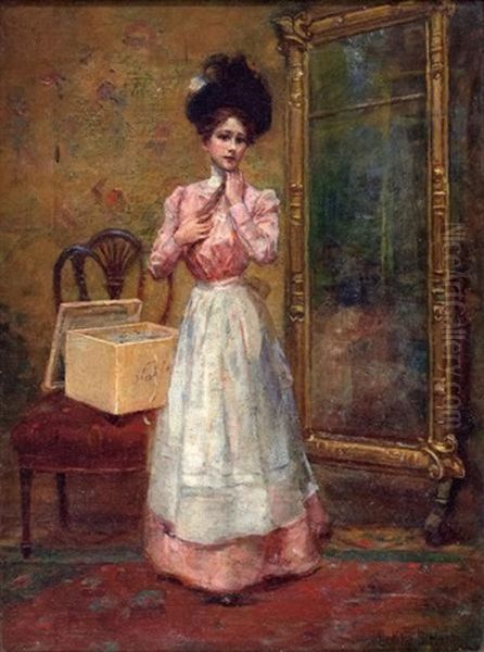 Portrait If A Woman Standing Before A Mirror Oil Painting by Letitia Bonnet Hart