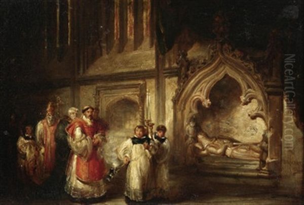 Exeter Cathedral. Blick Auf Eine Prozession Vor Der Grabstatte Des Sir Richard Of Stapledon, Bruder Des Walter Stapledon, Bischof Von Exeter Oil Painting by Solomon Alexander Hart