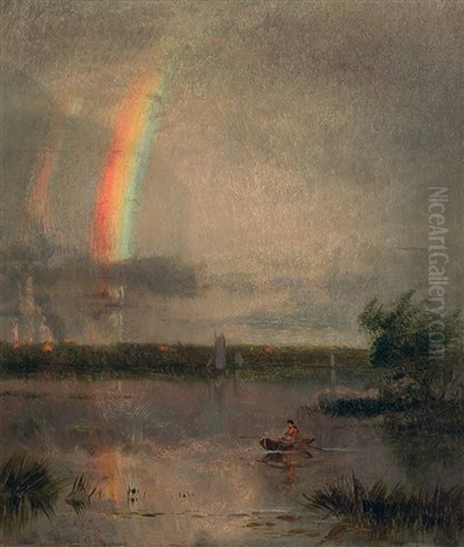 Rainbow At The Lake Oil Painting by William M. Hart