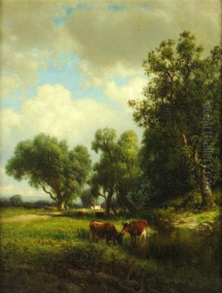 Landscape With Trees And Cattle Oil Painting by William M. Hart