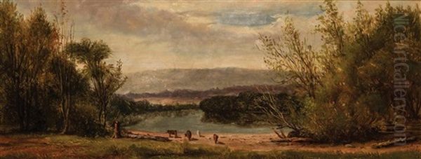 Cattle By A River Rowboat On A River (a Pair) Oil Painting by William M. Hart