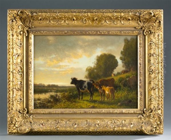 Sunset With Cattle Oil Painting by William M. Hart