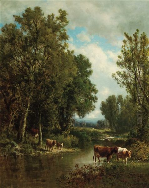 Cattle By The River Oil Painting by William M. Hart