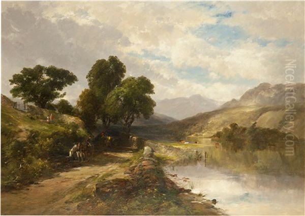 Landscape With Road Along A Lake Oil Painting by William M. Hart