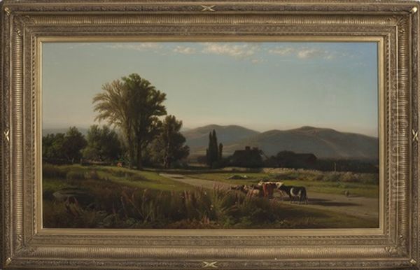 Pastoral Landscape With Farmhouse, Sheep And Cows Oil Painting by William M. Hart