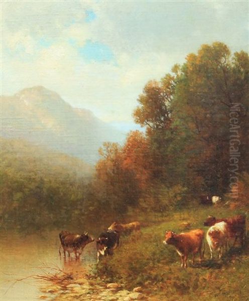 Hudson River School Scene With Cows, Watering To Mountain Valley Landscape Oil Painting by William M. Hart