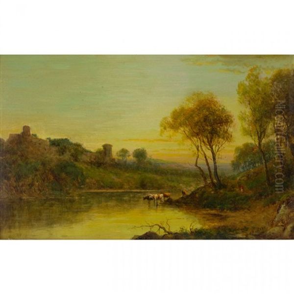 Watering At Sunset Oil Painting by William M. Hart