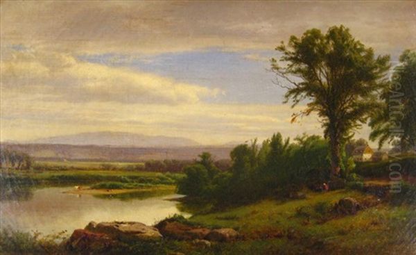 River Landscape With Farmhouse, Figures, And Cows Oil Painting by William M. Hart