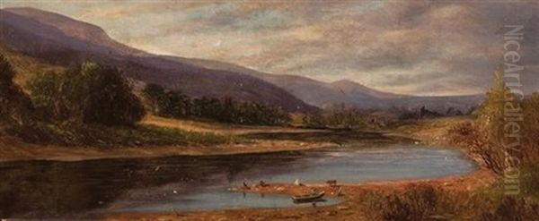 Rowboat On A River (+ Cattle By A River; 2 Works) Oil Painting by William M. Hart