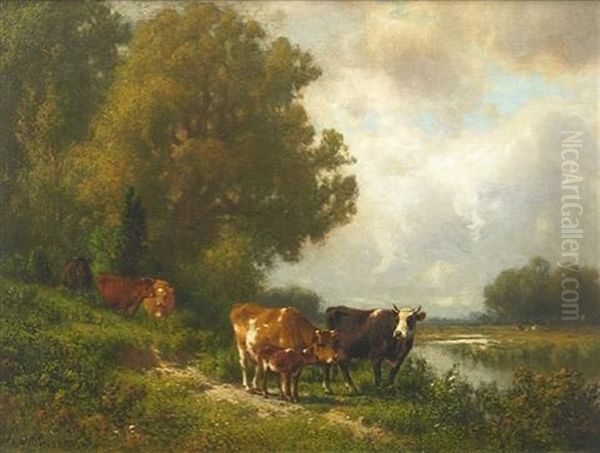 Family Of Cattle By A Brook Oil Painting by William M. Hart