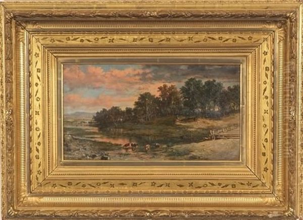 Luminous Landscape With Setting Sun Over Tree Lined Pasture And Stream With Cows In Foreground Oil Painting by William M. Hart