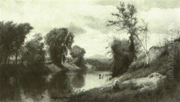 Figures By A River Oil Painting by William M. Hart