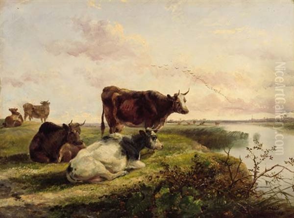 Cattle On A Riverbank Oil Painting by William M. Hart