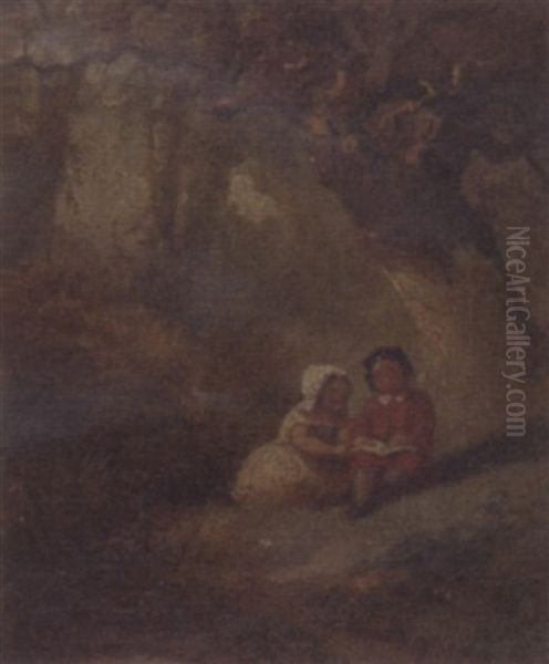 Two Children Reading Oil Painting by William M. Hart