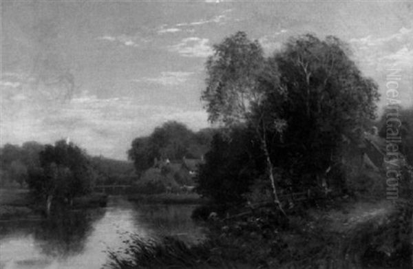 River Landscape With Grazing Cows Beside A Cottage Oil Painting by William M. Hart