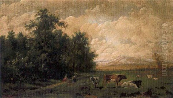 Pastoral Landscape With Cattle And Figures Oil Painting by William M. Hart