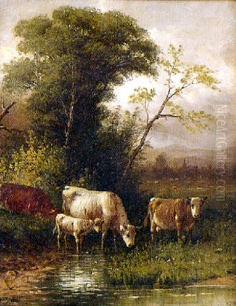 Pastoral Landscape With Cows, Tall Trees And A Distant Village Oil Painting by William M. Hart