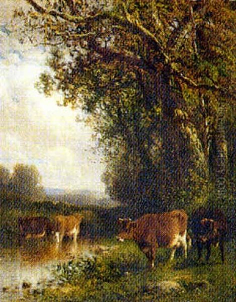 Landscape With Cows Beside A Stream Before Mountains And Stormy Skies Oil Painting by William M. Hart