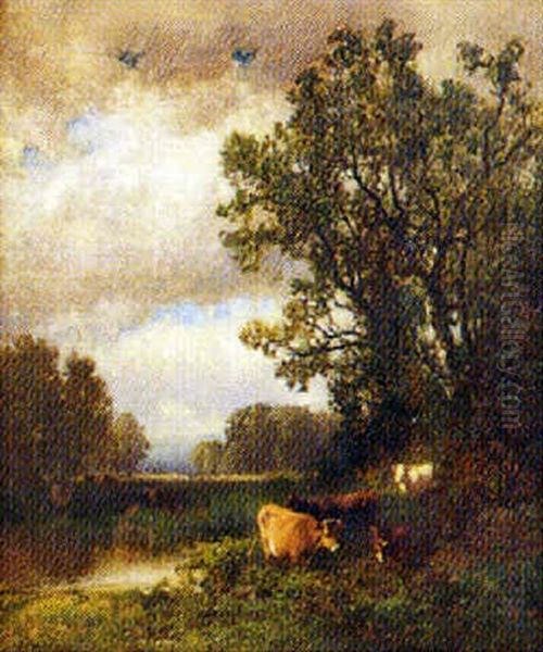 Landscape With Cows Beside A Stream Beneath Stormy Skies, And Mountains In The Background Oil Painting by William M. Hart