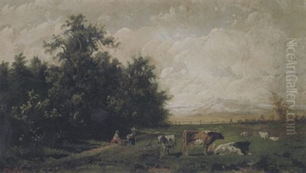 Pastoral Landscape With Cattle And Figures Oil Painting by William M. Hart