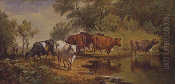 Pastoral Landscape With Cows By A Stream Oil Painting by William M. Hart