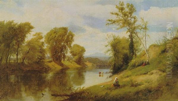 River Landscape With Figures Oil Painting by William M. Hart