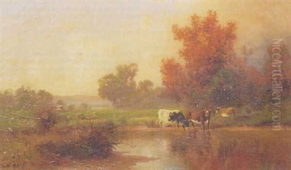 Cows Watering In Autumn Landscape Oil Painting by William M. Hart