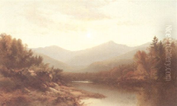 Sun Setting Over Mountain Stream Oil Painting by William M. Hart