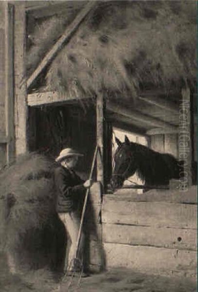 Interior Of A Stable Oil Painting by William M. Hart