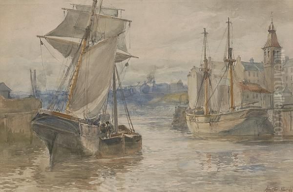 Fishing Boats In A Scottish Harbour Oil Painting by Alexander Ballingall