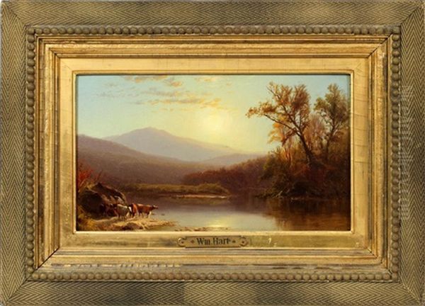 Depicting Cows At Water's Edge In Mountainous Landscape Oil Painting by William Matthew Hart