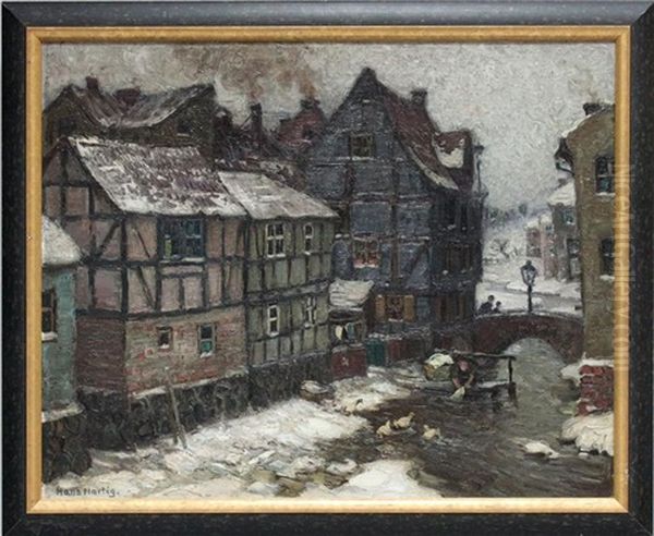 Verschneite Stadtbrucke (berliner Kiez) Oil Painting by Hans Hartig