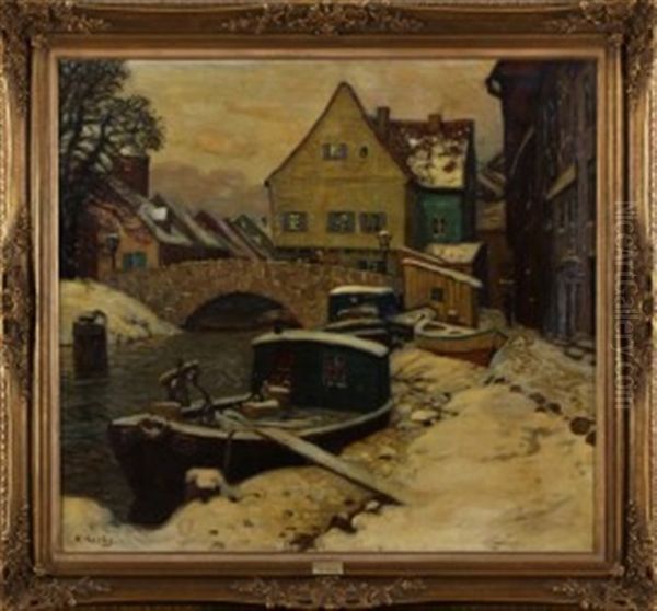 Winterliche Altstadtszene  Mit Brucke Und Fluss Oil Painting by Hans Hartig