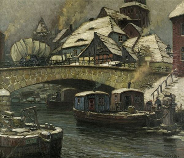 Die Kleine Stadtbrucke - In Treptow An Der Rega Oil Painting by Hans Hartig