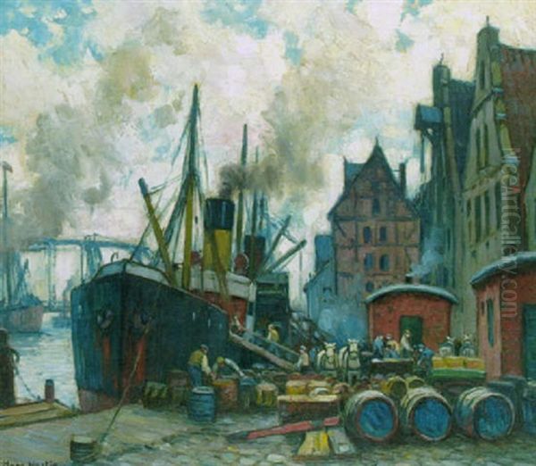 Im Hafen Liegt Ein Dampfschiff Am Kai Und Wird Mit Fassern Beladen Oil Painting by Hans Hartig