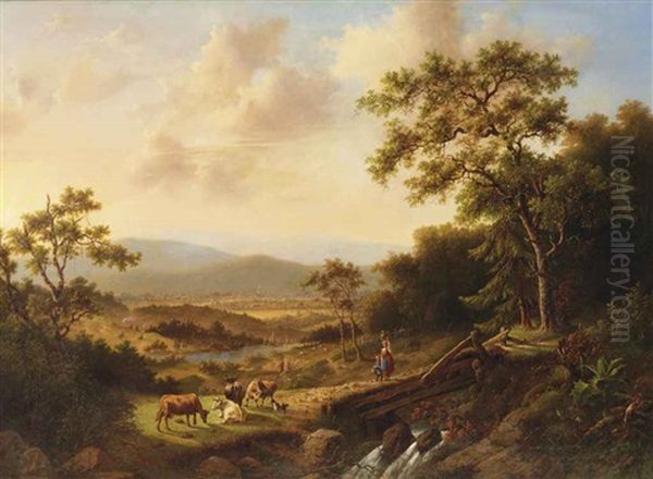 A Summer Landscape With Cows And Peasants, A Village In The Distance Oil Painting by Marinus Harting