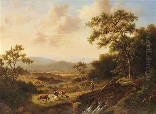 A Summer Landscape With Cows And Peasants, A Village In The Distance Oil Painting by Marinus Harting