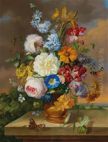 Large Bouquet Of Flowers With Butterfly Oil Painting by Anton Hartinger