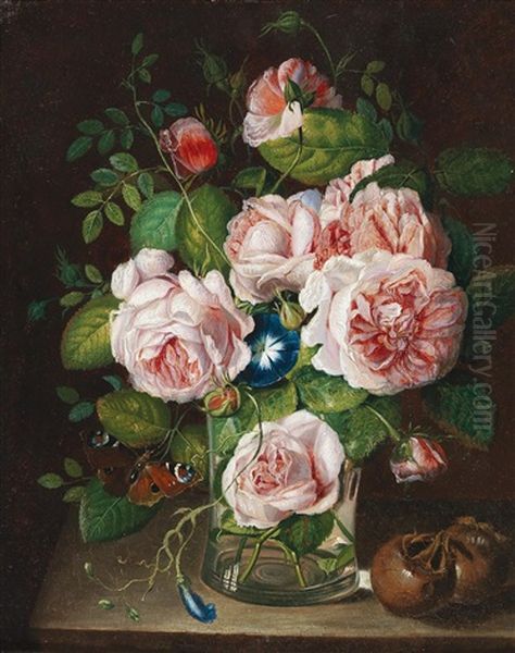 Roses In A Glass Vase With A Butterfly Oil Painting by Anton Hartinger