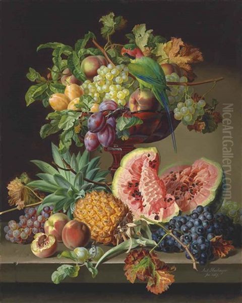 Still Life With Fruit And A Parrot Oil Painting by Anton Hartinger