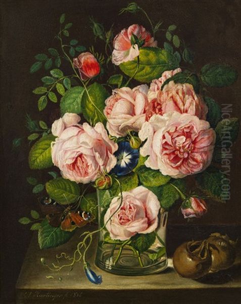 Stillleben Mit Rosen In Einer Glasvase Oil Painting by Anton Hartinger