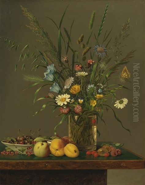 Flowers In A Glass Vase And An Arrangement Of Fruit Oil Painting by Anton Hartinger